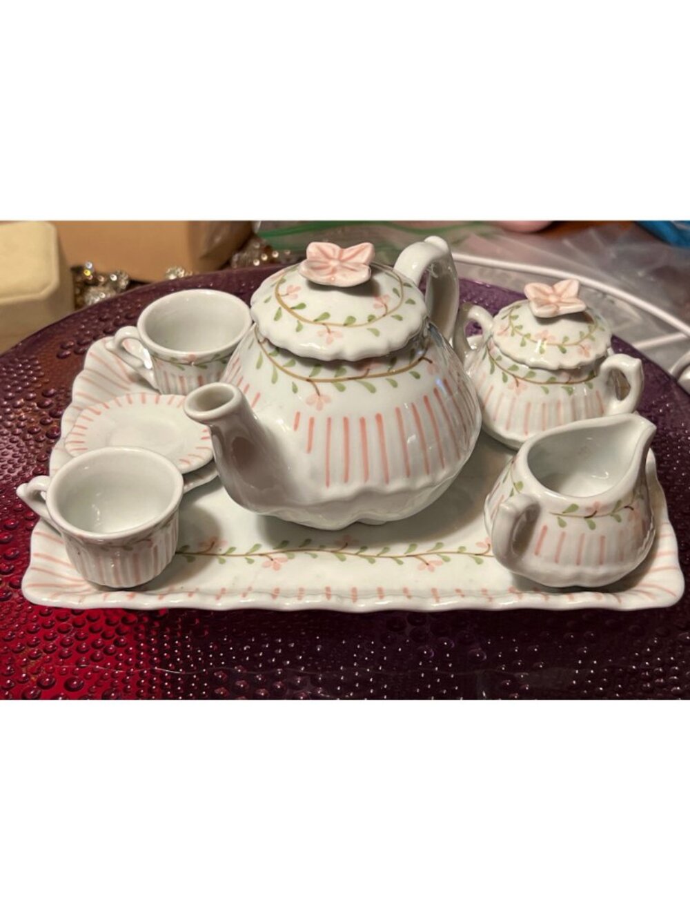 Hand-Painted Porcelain Mini Tea Set With Floral & Pink Stripe Design Shabby Chic - Picture 3 of 6